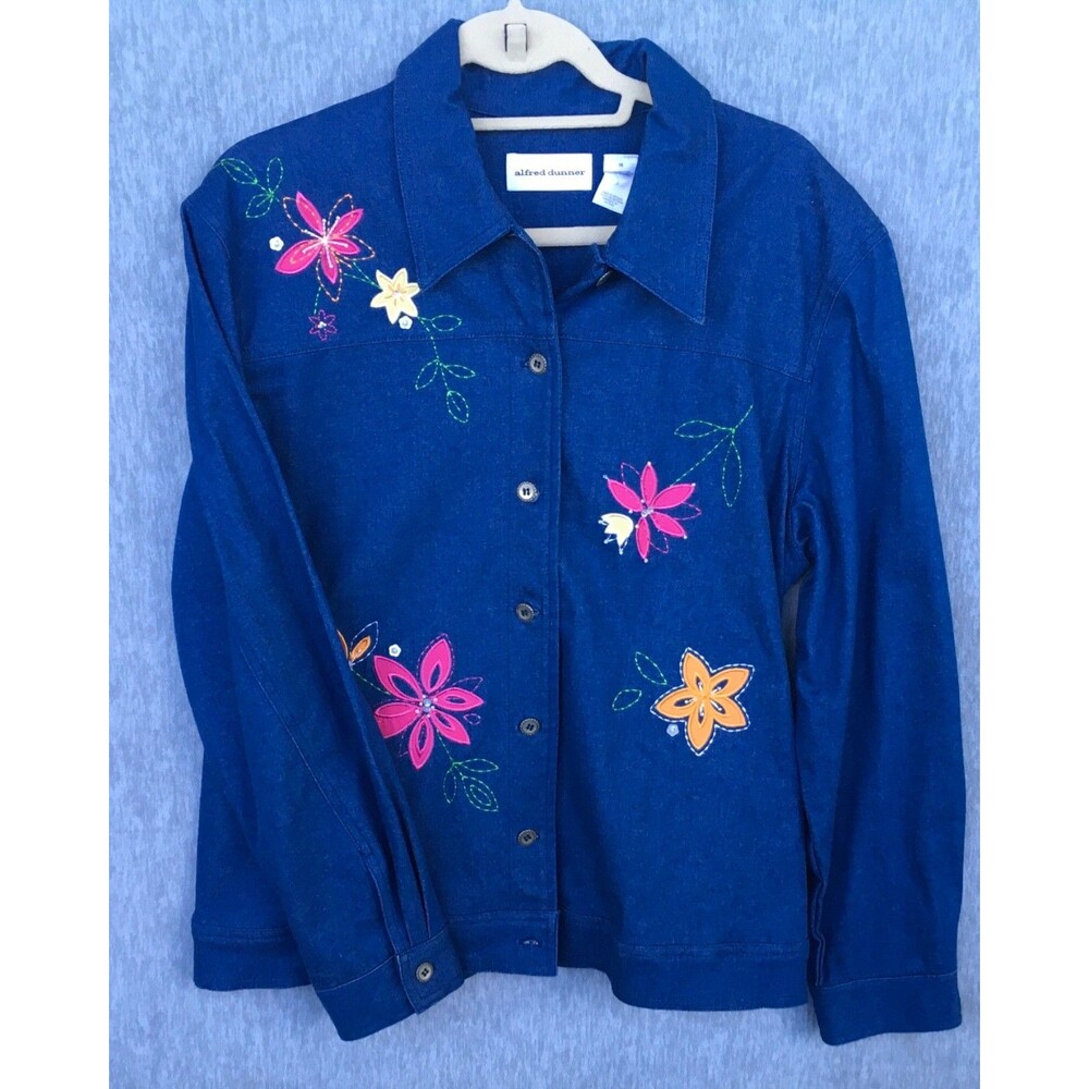 Alfred Dunner Womens Size 16 Jacket Blue Denim Button Front Floral Embroidered